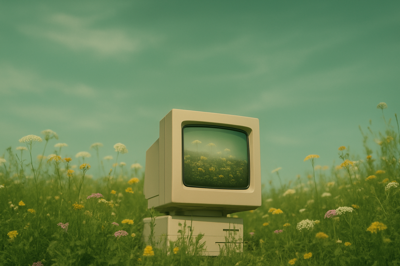 Dreamy retro computer in flowers